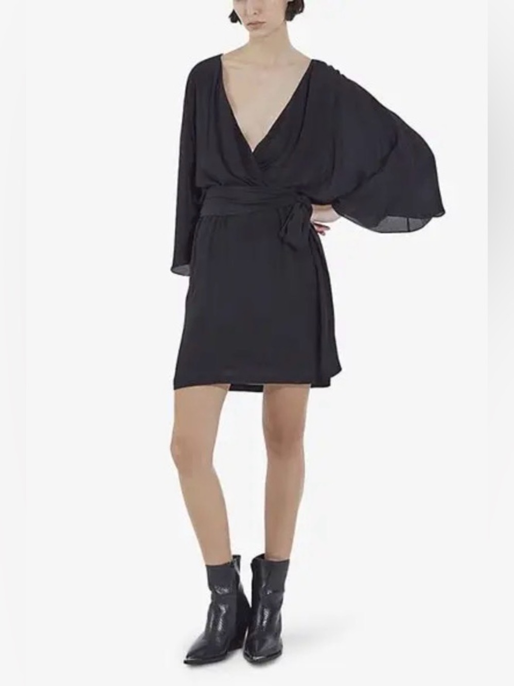 NWT The Kooples Black V‑Wrap Silk-Blend Mini Dress with Batwing Sleeves